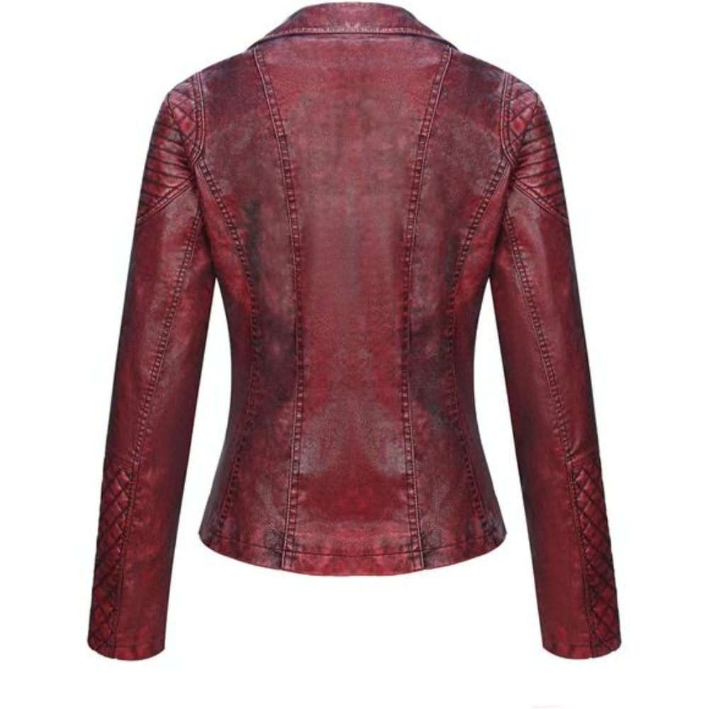 Red Faux Leather Moto Jacket Fitted Quilted Bomber Motorcycle Biker Jacket Coat - Picture 6 of 8